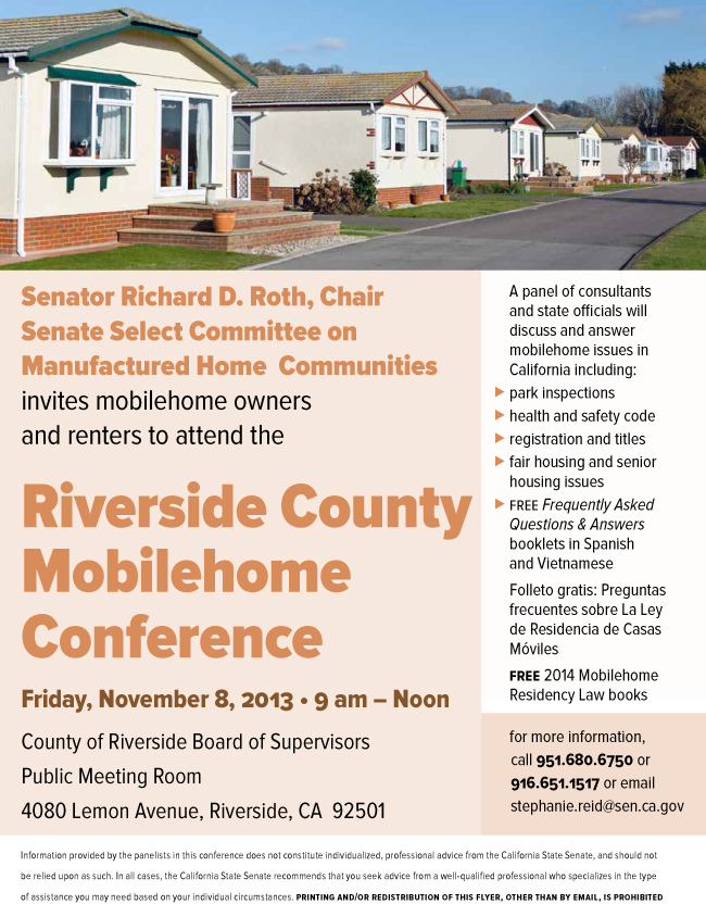 Riverside County Mobilehome Conference; Friday, November 8, 2013 - 9 am - Noon; County of Riverside Board of Supervisors; Public Meeting Room; 4080 Lemon Avenue, Riverside, CA 92501