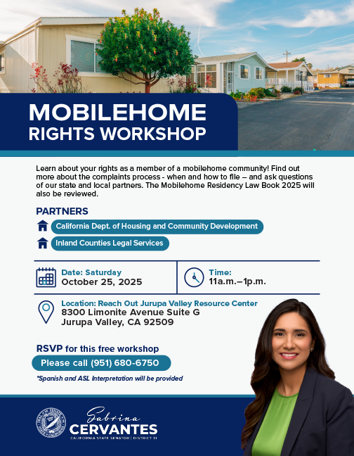Mobilehome Rights Workshop - Saturday, 10-25! | Senator Sabrina Cervantes