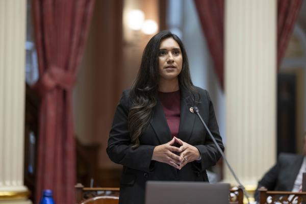 Senator Sabrina Cervantes gives remarks on a bill while standing on the Senate floor.