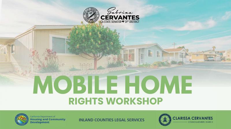 Graphic with green text saying "Mobile Home Rights Workshop" with a slightly transparent background of a mobile home neighborhood