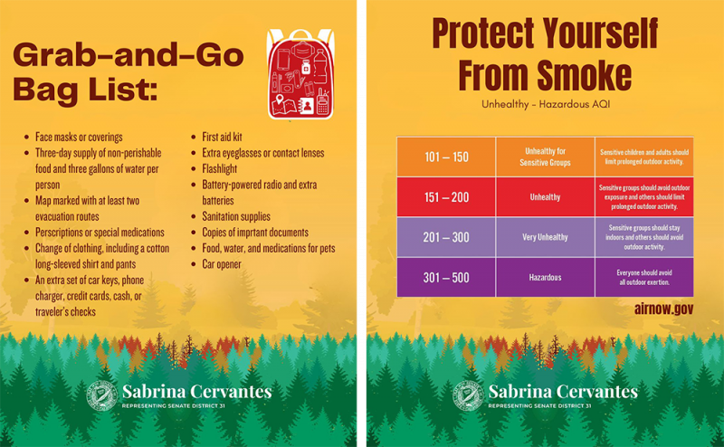 Grab-and-go bag list graphic and protect yourself from smoke graphic with safety ranges
