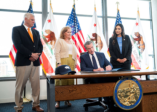 Signing ceremony for SB 73 (Cervantes); pictured from L to R – Senator Tom Umberg, Assemblymember Gail Pellerin, Governor Gavin Newsom, and Senator Sabrina Cervantes.