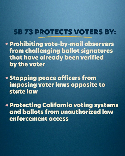 SB 73 graphic listing out the way this bill is protecting voters