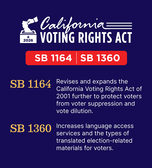 Graphic with the SB 1164/SB1360 California Voting Rights Act logo and bill information